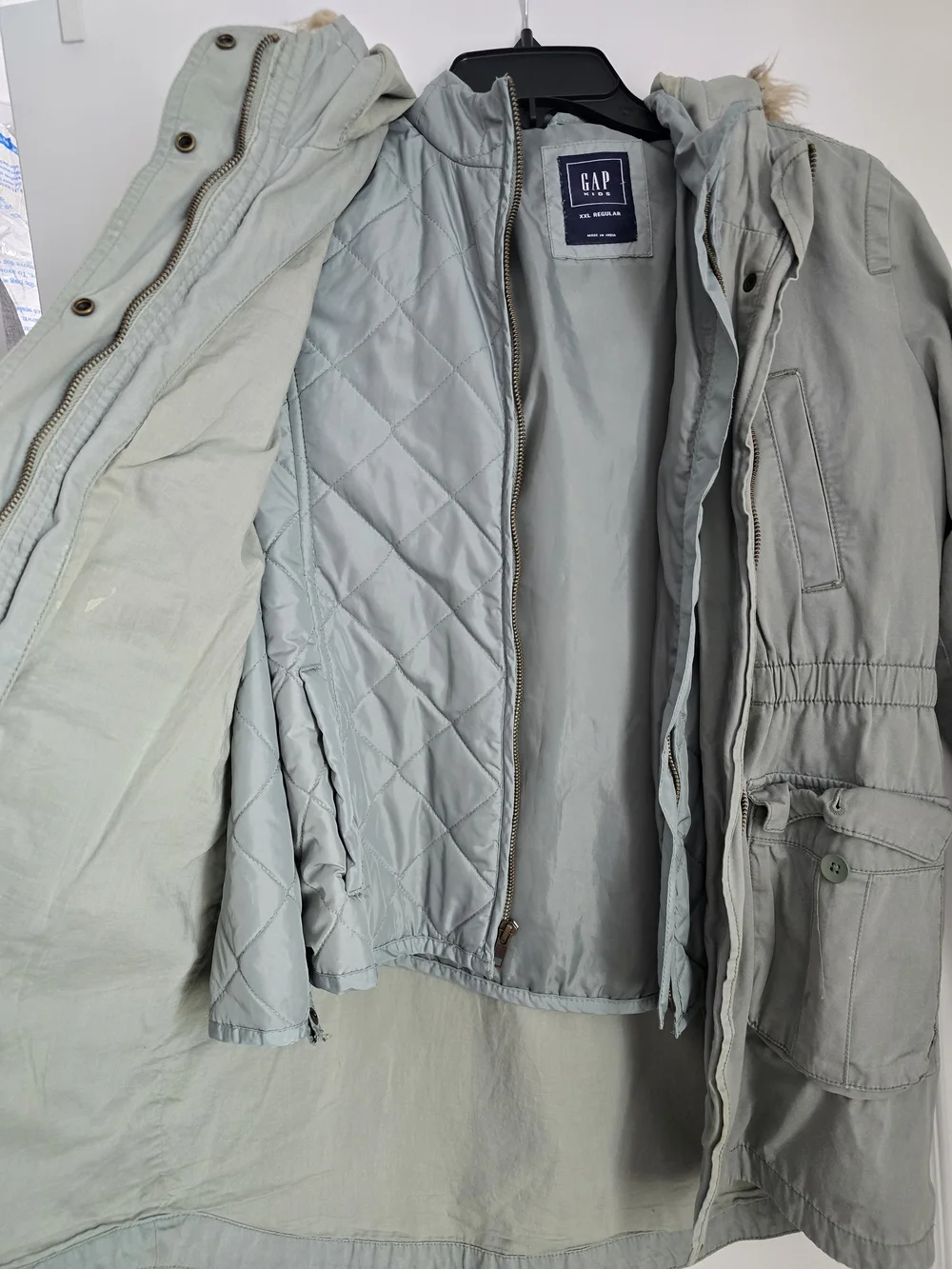 GAP Kids Sage Green Hooded Field Jacket with Faux-Fur Trim